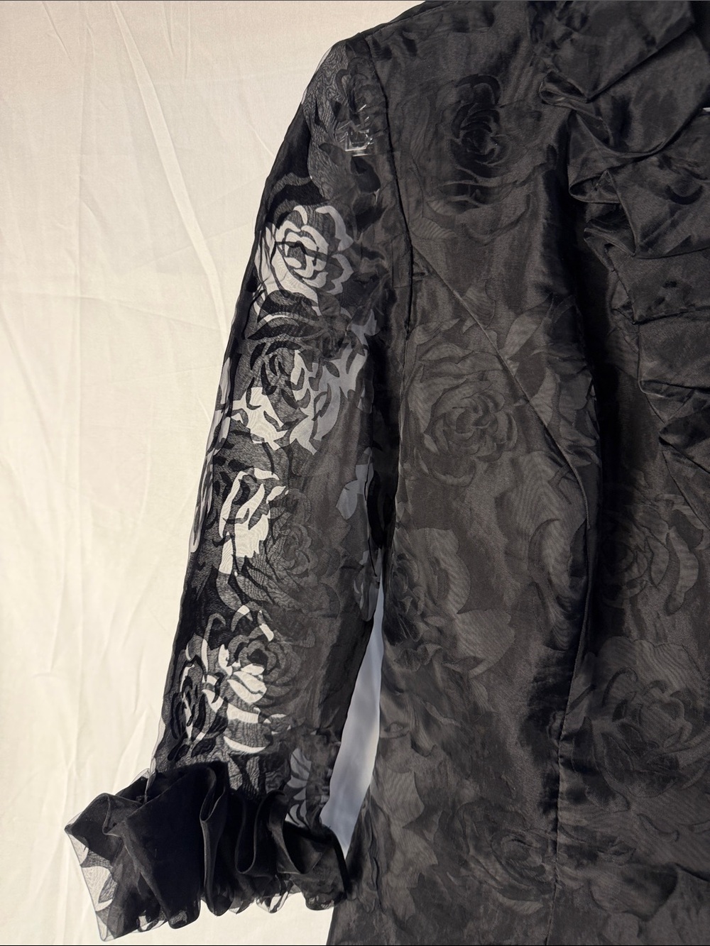 Alex Evenings Black Floral Jacquard Ruffle Front Blouse - Picture 5 of 11